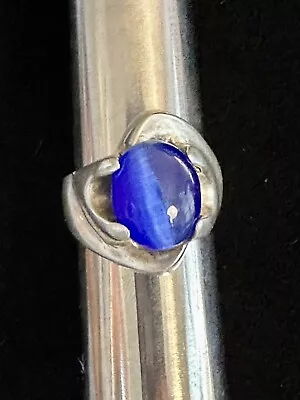 Vintage Signed Blue Cats Eye Sterling Silver Ring • $49