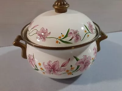 Normandy French Enamel Brass Pot Pan/Lid Pink Flowers Vintage  • $16