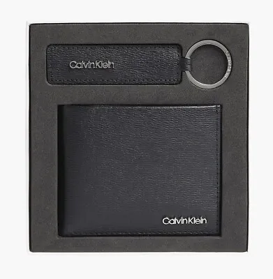 Calvin Klein CK Mens Black Leather Logo Billfold Coins Wallet & Keyring Gift Set • £69.99