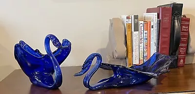 MURANO HANDBLOWN COBALT SWANS SET Of 2 BEAUTIFUL LARGE PLEASE LOOK EXCELLENT • $50