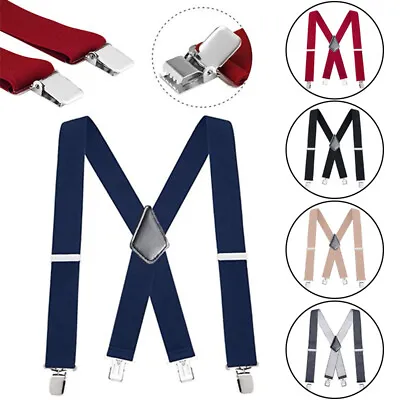 Mens Solid Color Regular X-Back Clip On Suspenders Adjustable Formal Dress Tux • $11.16