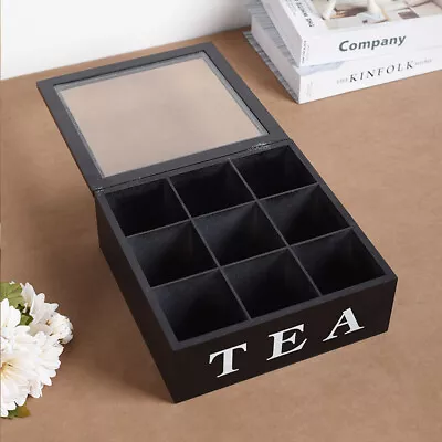 Wooden Tea Bag Chest Glass Window Jewellery Storage Organiser Box 9 Compartments • $29.99