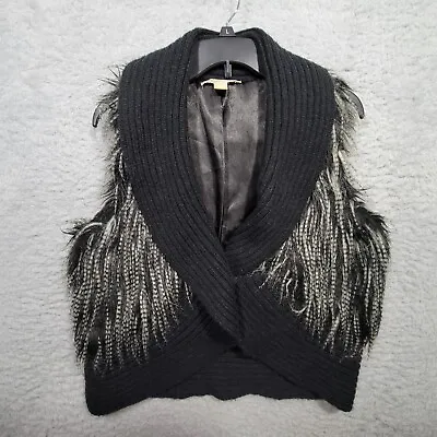 Michael Kors Vest Womens Small Black Faux Fur Knit Trim Sleeveless Wool Blend • $49.99
