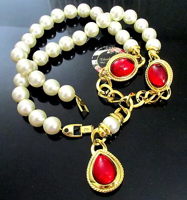 VTG RUNWAY RARE  Byzantium  NAPIER Faux Pearl Red Gripoix Glow NECKLACE Weighty • $249.99