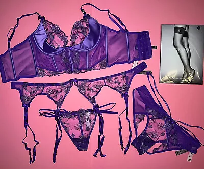 Victoria's Secret 32B34B34D36C CORSET TOP BRA SET+garter PURPLE STARSTRUCK • £136.59