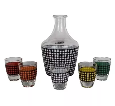 Vintage French Decanter And 5 Shot Glasses MCM Barware Houndstooth Checkered • $32.02