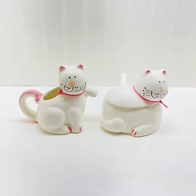 Vintage Mount Clemens Pottery Cozy Cats Cream & Sugar Set With Lid White Pink • $29.95