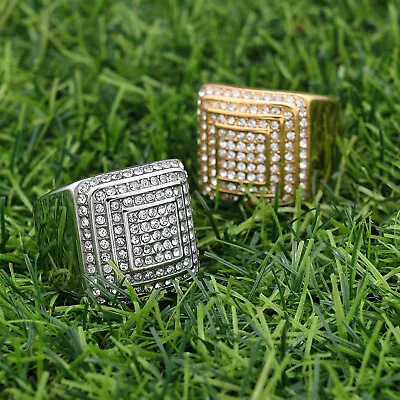 Mens Large Iced CZ Square Pinky Ring Band 14k Gold Plated Hip Hop Fashion Gift • $14.99