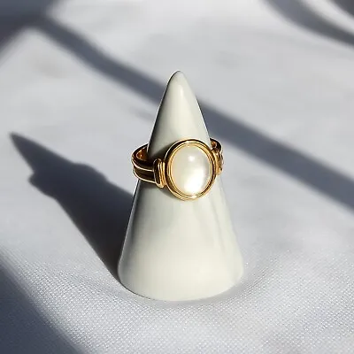 Vintage Style White Opal Gemstone Ring 18k Gold Plated Art Deco Jewellery Gift • £13