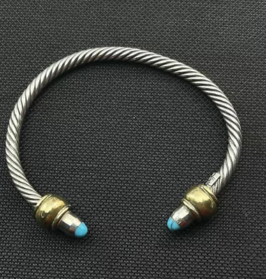 Vintage 925 Mixed Metals Blue Glass Tips Mexico Cable Bracelet Sterling Silver • $45