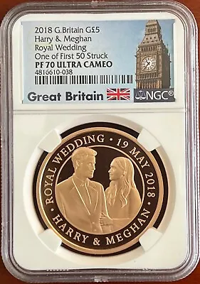 2018 Great Britain 5 Pound Gold Royal Wedding NGC PF70UCAM One Of First 50 Strck • $4295