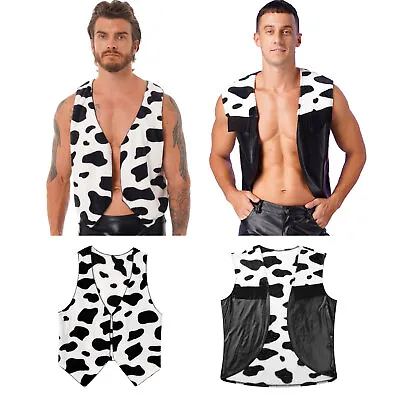 Men's Cowboy Waistcoat Cow Print Top Vest Jacket Coat Halloween Costumes Cosplay • $20.94