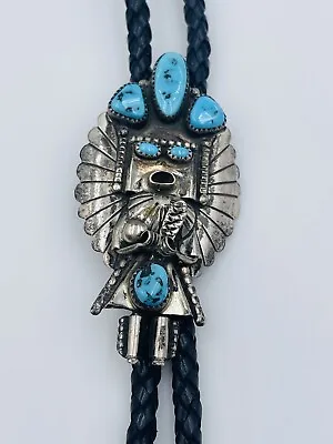 Antique Signed Old Pawn Navajo Sterling Silver Turquoise Kachina Bolo Necklace • $550