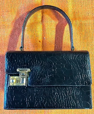 NWOT Vtg 50’s By CHANDLER Black Croc Embossed Leather Box Evening Bag Lock & Key • $33.95