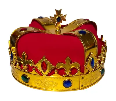 KING CROWN Adult Costume Hat Cap Faux Jewels Royalty Red Gold Prince Queen Round • $14.49