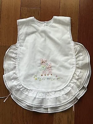 Vintage Baby Dress Pinafore White Apron Lace Trim Embroidered Deer Flowers • $50.57