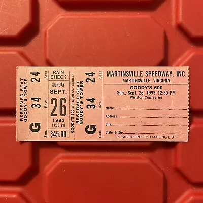 Goodys 500 Martinsville Speedway Virginia Racing Ticket Stub IRVAN Win Vtg 1993 • $10