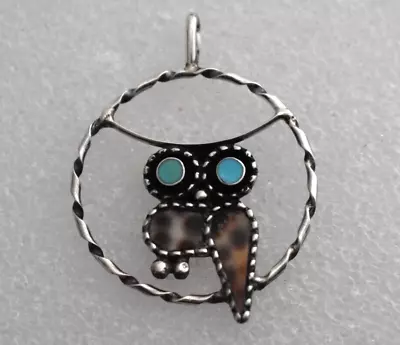 Zuni Designer Paul Lucario Jr Sterling Silver Turquoise & Shell Owl Pendant • $59.90