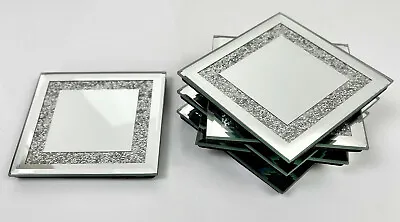 Set Of 6 Mirror Glitz Glittered Diamante Jewel Crystal Mirrored Square Coasters  • £14.99