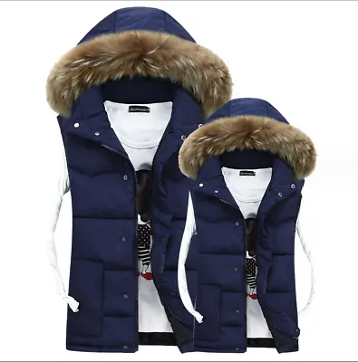 Stylish Men's Hooded Down Vest Big Fur Hood Winter Warm Sleeveless Jacket NEW SZ • $92.01