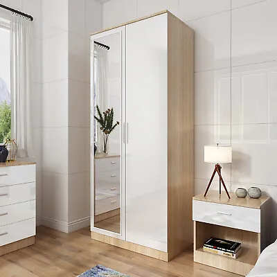 2 Doors Wardrobe High Gloss Storage Hanging Rail Furniture With Mirror White&Oak • £124.99
