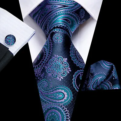 Extra Long 160cm Silk Mens Tie Pocket Square Cufflinks Wedding Set Prom Black • £9.59