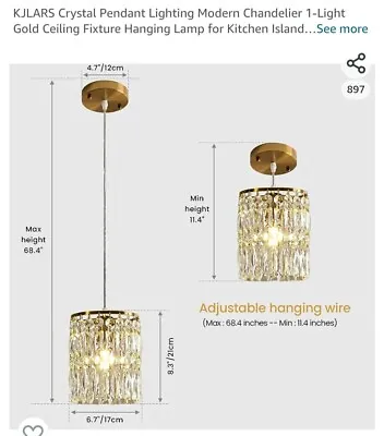 KJLARS Crystal Pendant Lighting Modern Chandelier 1-Light Gold Ceiling Fixtur... • $5