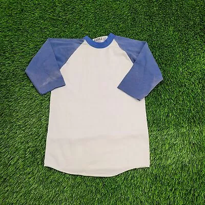 Vintage 80s Two-Tone Baseball Tee 3/4 Shirt Teens S-Short 15x22 White Faded Blue • $18.77