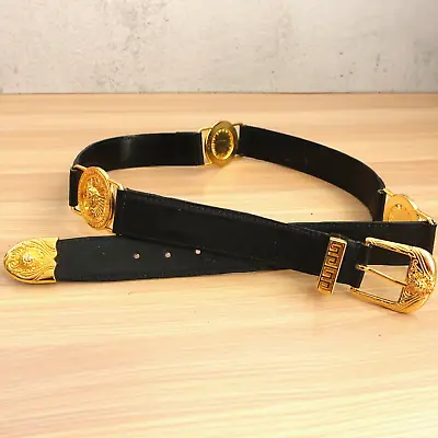 VINTAGE Medusa Belt Women Small Black Leather Buckle Medallion Gold Roman Stud • $188.88