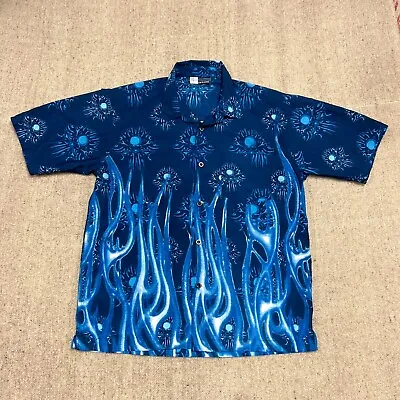 Vintage Skull Button Up Shirt Mens Small Blue 2000s Y2K Flames Gothic Grunge • $24.99