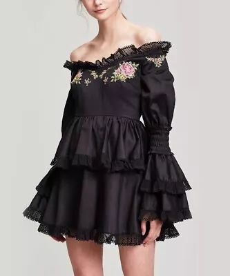 ALICE McCALL VALLI DRESS Black Off Shoulder Embroidery Boho Mini Party Size 6 • $129