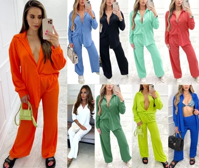 Women's Cheesecloth Peplum Loungewear Suit Ladies Button Up Shirt Tracksuit Set • £29.99