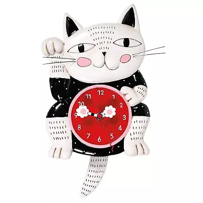 @ New ALLEN DESIGNS Wall Clock LUCKY CAT Swing Tail Pendulum Black White Flower • $74