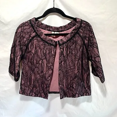 MOTH Anthropology Cropped Shrug Sweater Short Sleeves Top Black Pink Lace SZ S • $20.25