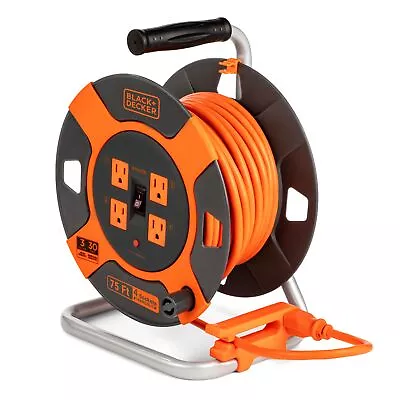 Black+Decker 75Ft Outdoor 4 Outlet Retractable Ext Cord W/ 14 AWG SJTW Cable • $54.99