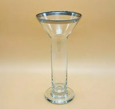 $18.99 • Buy Floating Candle Holder Trumpet Stem Vase Wide Mouth Silver Trim Clear Glass