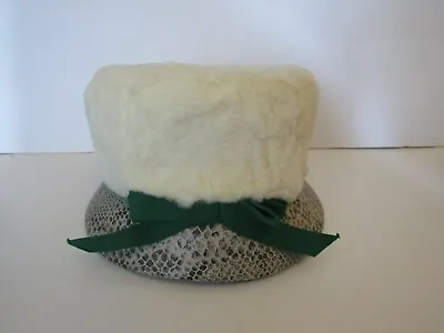 VTG Women Bucket Hat Cream Rabbit Fur Faux Snake Skin By MARCHE' Green Ribbon • $29.95