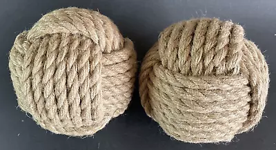 Set Of 2 Monkey Fist Decorative Nautical Knot Jute Rope Balls 16  Round • $17.24