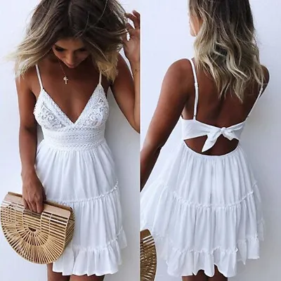 $30.19 • Buy Women Summer Backless Mini Dress White Evening Party Beach Woman Maxi Dresses