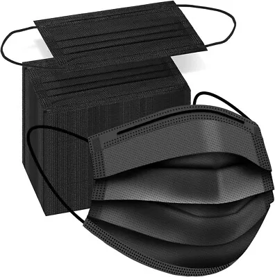 100 X Face Mask 3-Layer Adult Black Disposable Earloop Masks Filter Protection • £4.50