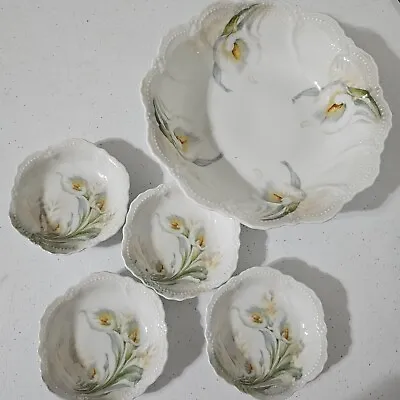 5 VTG Hand Painted Porcelain Bowls Germany Leuchtenburg Yellow Calla Lily Flower • $32.31