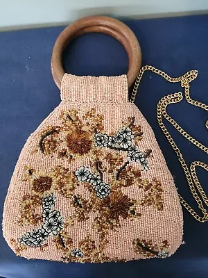 ZARA Beaded Clutch Bag Purse Chain Strap Flower Embroidery Wooden Handles • $32.75