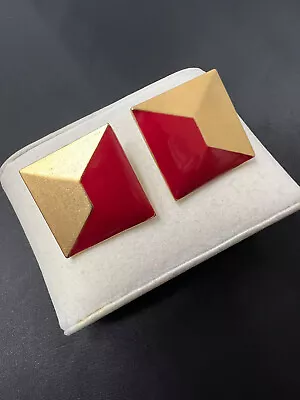 Vintage Monet Chunky Modernist Earrings Red Gold Pierced Mcm Square • $14