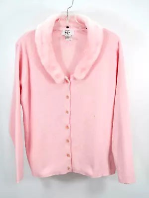 KIKIT Cardigan Sweater Women Large Pink Removeable Faux Fur Collar VINTAGE Y2K • $14.98