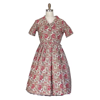 Vintage 1950s Red Khaki Paisley Dress | 1950s Vintage Large Beige Paisley Dress • $148