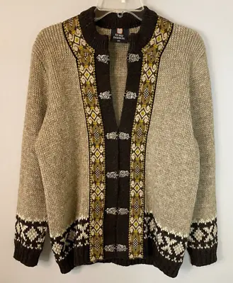 Vintage FJORD FASHION Wool CARDIGAN Sweater Womens 42 Large Norway Brown Tan • $40
