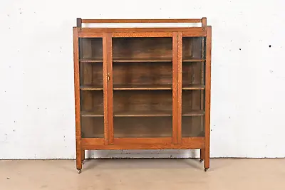 Antique Stickley Brothers Style Mission Oak Arts And Crafts Bookcase Circa 1900 • $3295