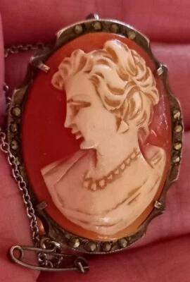 £3.99 • Buy Vintage Lovely Silver? Carved Shell & Marcasite Cameo Brooch