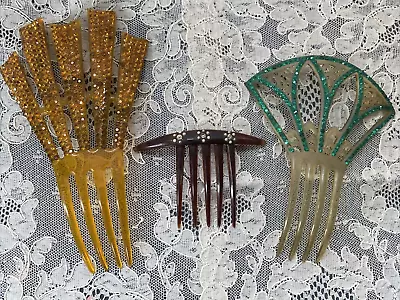 Antique/Vintage Lot Of 3 Celluloid? Rhinestone Pearl Hair Combs • $44.95