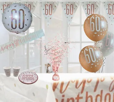 Age 60 & Happy Birthday White Rose Gold Party Decorations 60th Balloons Banners • £4.85